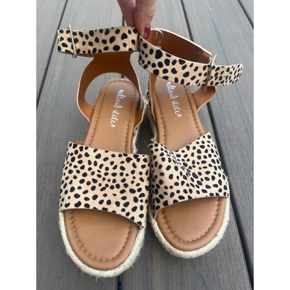 Altard State Cheetah Print Espadrille Platform Sandals Ankle Strap Tan Black 7